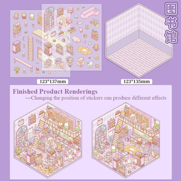 Fiudx Pegatinas Diy con Escenas, Temática Coreana, Supermercado, Cafetería, Restaurante, Casa Soleada, Biblioteca, Antiestrés, Decoración Del Hogar, Accesorios de Oficina, Juego de 4, Reutilizables,