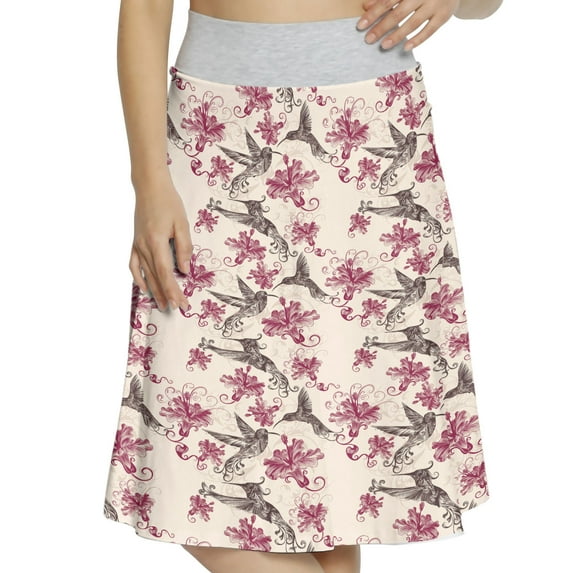 Women's Hummingbirds Vintage Swirls Flowers A-line Printed Skirt Casual Wear, XL, Cream Maroon Black, by Ambesonne