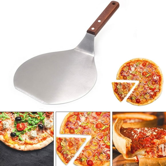Stainless Steel Pizza Peel Metal Round Pizza Paddle Pizza Spatula with Wood Handle Cake Lifter Transfer Tray Pizza Shovel for Baking Homemade Pizza and Bread or Cheese Serving Tray 13.2x6.5inch