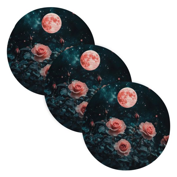BZSMCE Mats for Pots,Pans Place Roses under Red Moon Simple Style Pattern Pot Mats