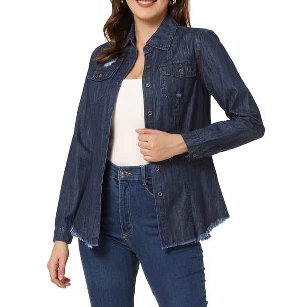 Camisa de mezclilla de mujer con cuello puntiagudo, manga larga, dobladillo deshilachado y botones en azul oscuro M
