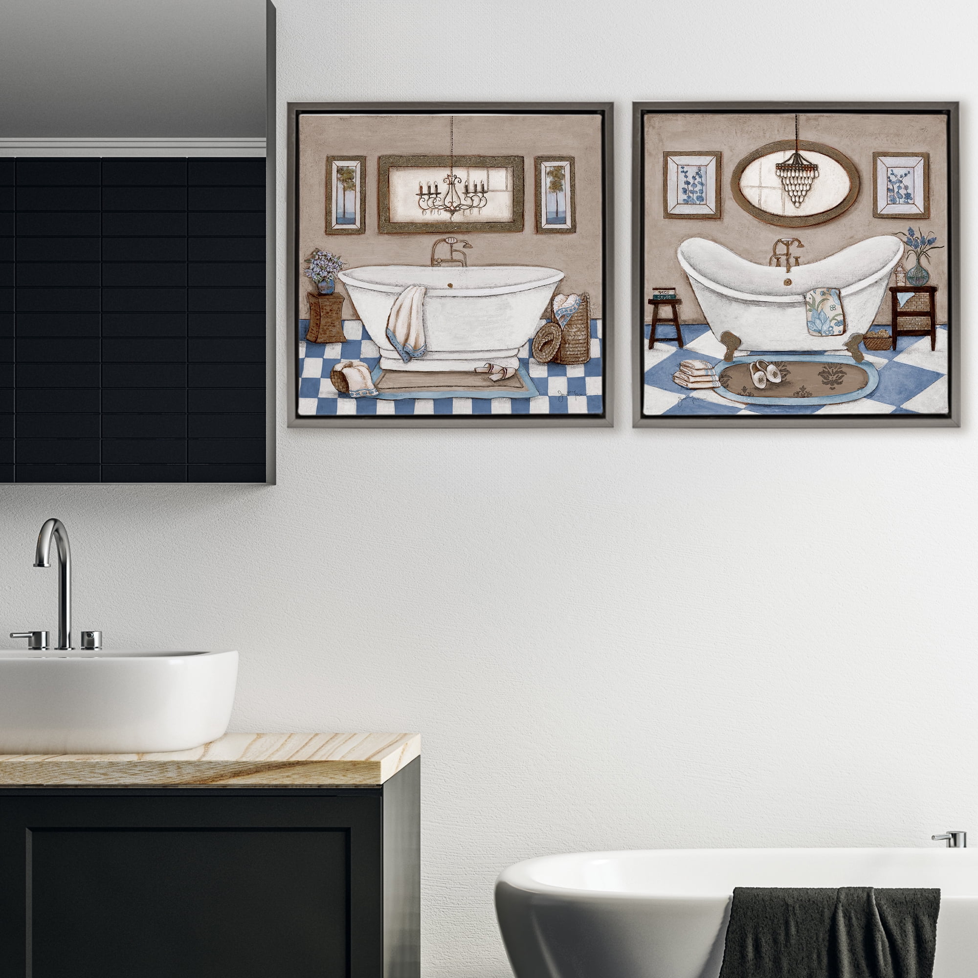 Stupell Industries Tiled Bathroom Views 2 Piece Gray Framed Floater Canvas Set, design by Janet Tava