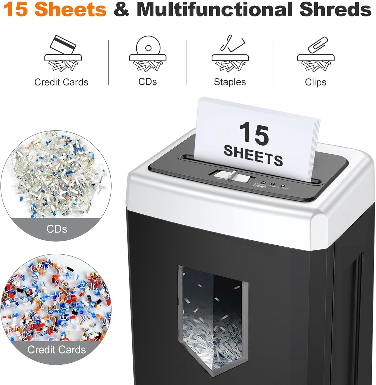 Paper Shredder,15-Sheet Crosscut Shredder with 5  Gallon Bin Shred , P-4 Security Level,Black