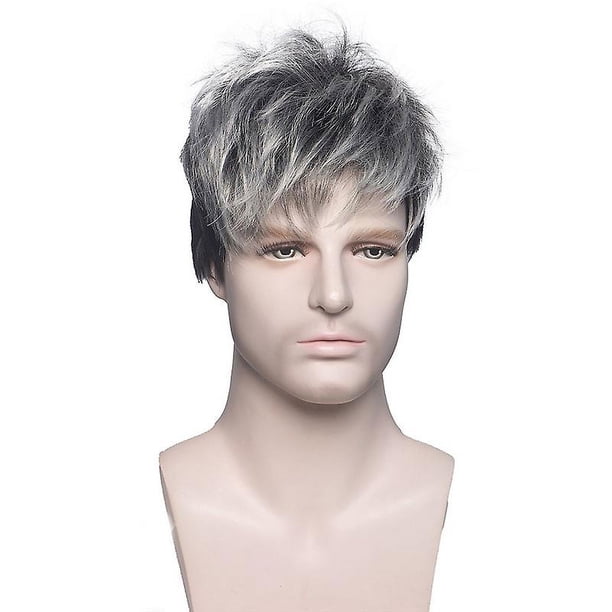 Pelucas plateadas Peluca corta para hombre Peluca completa sintética para uso diario Pelucas masculinas de fiesta 6 pulgadas