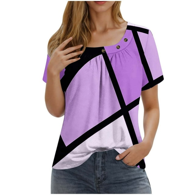 Camisetas de Cuello Redondo Impreso Gradiente de las Mujeres, Manga Corta Casual Top para el Uso Diario