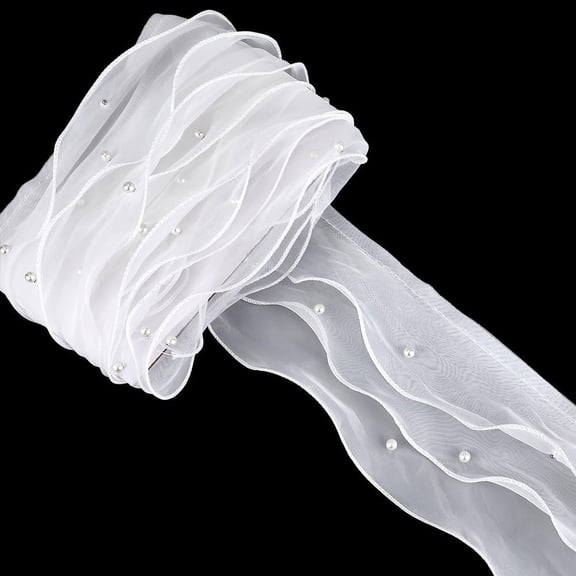 4.53 Inch White Ribbon with Pearls Layered Pleated Edge Chiffon Ruffle Organza Trim Wide Pearl Ruffled Lace Sheer Fabric Applique Trimming for Sewing Making Crafts Dresses Clothes Wedding White