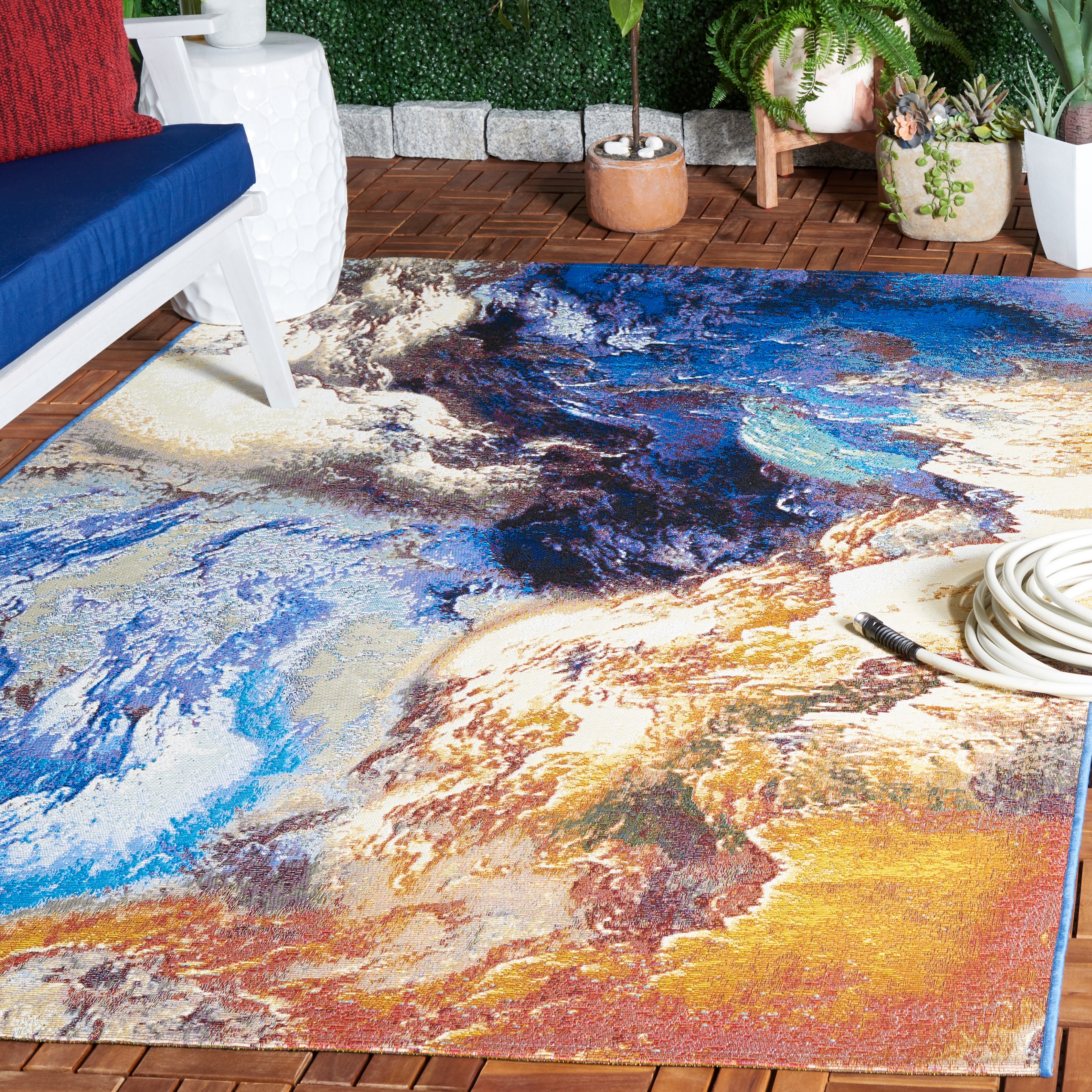 SAFAVIEH Barbados Creighton Abstract Indoor/Outdoor Area Rug, Blue/Rust Gold, 8' x 10'5"