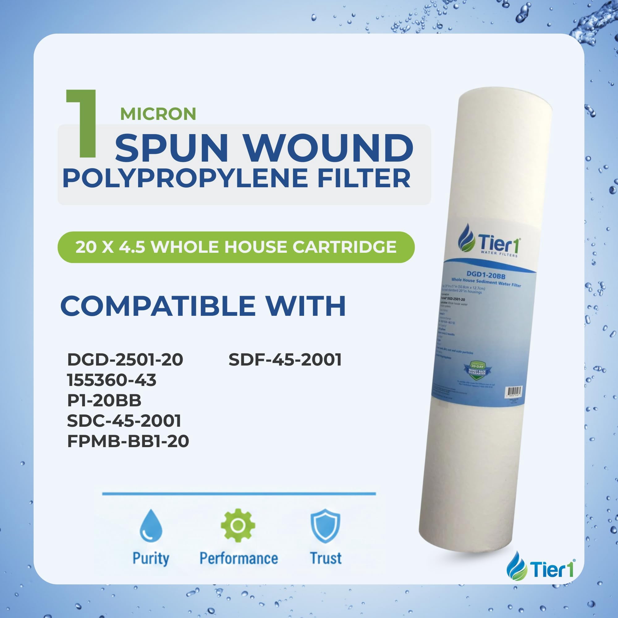 Tier1 1 Micron 20 Inch x 4.5 Inch | Spun Wound Polypropylene Whole House Sediment Water Filter Replacement Cartridge | Compatible with Pentek DGD-2501-20, 155360-43, P1-20BB, Home Water Filter