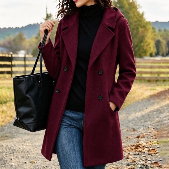 Fengqque Women's Hooded Double Breasted Trench Coat Notch Lapel Mid Length Winter Coat for Women Long Sleeve Casual Fall Outerwear with Side Hand Pockets Multi Colors