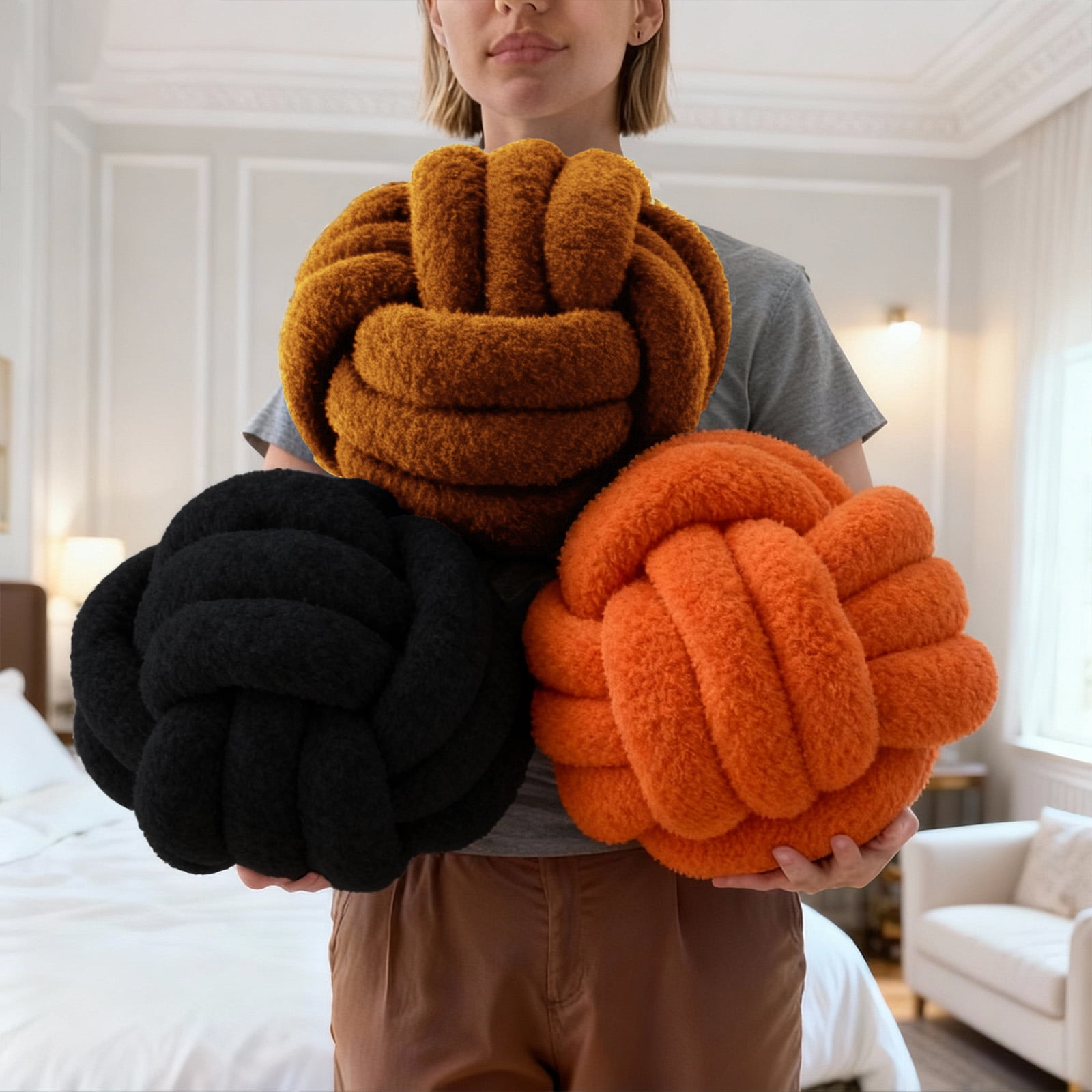 Knot Pillow Ball Plush - Decorative Throw Pillows for Bed Stress Relief, Round Knot Cushion for Sofa Decor Pet Toy, Black 12 Inch