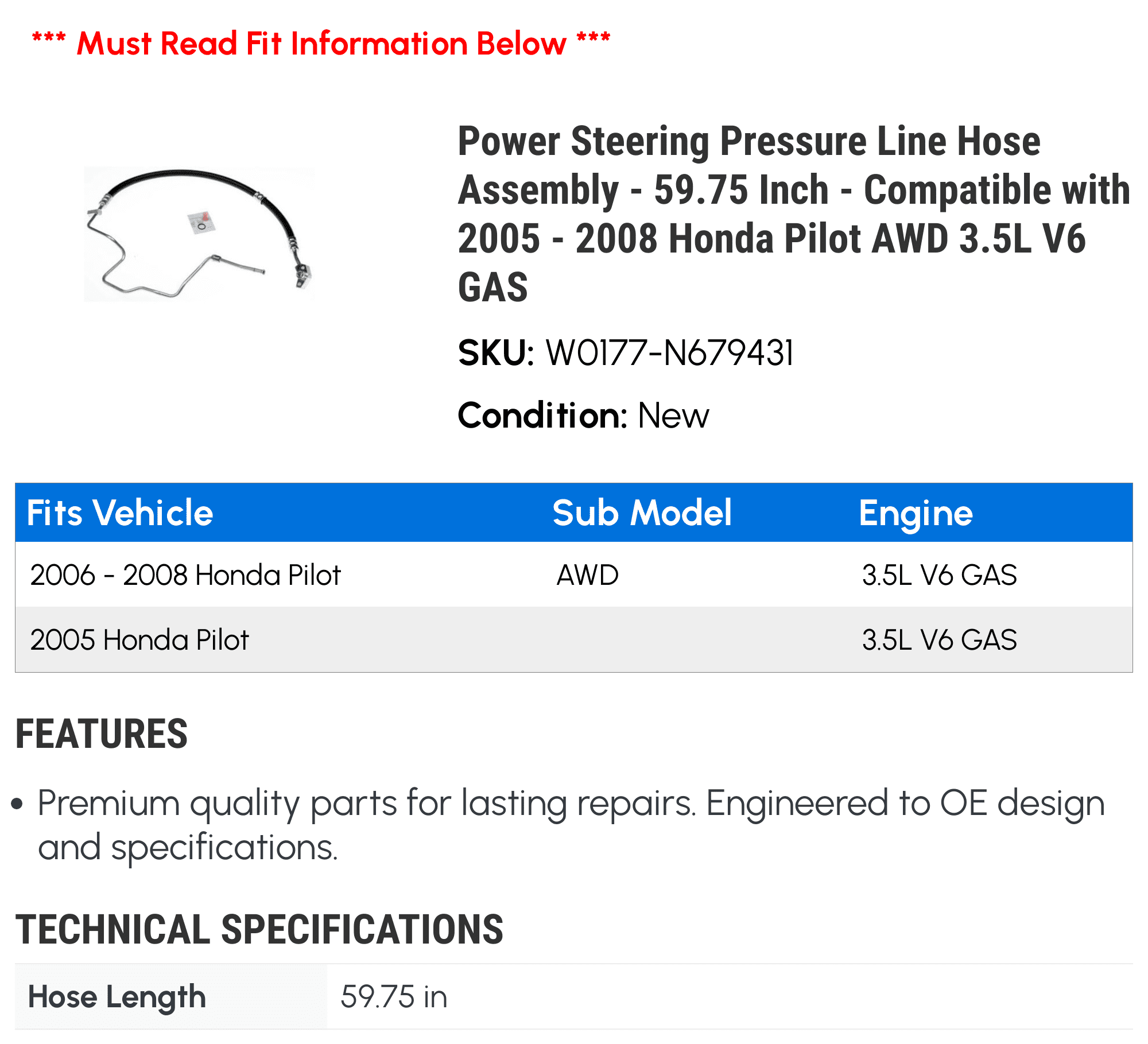 Power Steering Pressure Line Hose Assembly - 59.75 Inch - Compatible with 2005 - 2008 Honda Pilot AWD 3.5L V6 GAS 2006 2007
