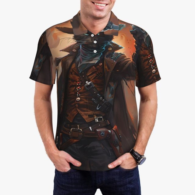 Fotbe Steampunk Cowboy Cat Pattern Men’s Golf Polo Shirt – Breathable Performance Golf Shirt with Button-Down Collar-Small