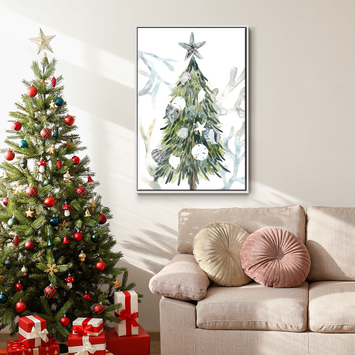 Coastal Christmas Shell Collection B - Framed Gallery Wrapped Holiday Canvas - 25 x 37 - White Frame