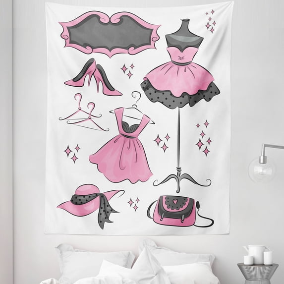 Heels and Dresses Tapestry, Boutique Inspired Design Dresses Hangers Cartoon Style, Fabric Wall Hanging Decor for Bedroom Living Room Dorm, 5 Sizes, Pale Pink White Grey, by Ambesonne