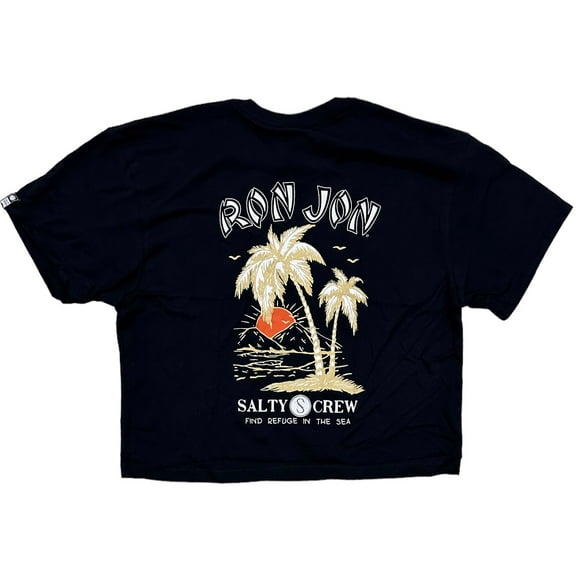Salty Crew Women's X Ron Jon Surf Shop Boyfriend Relaxed Fit Cropped Tee T-Shirt (Small, Black)