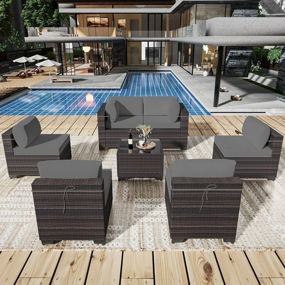 ASJMR 7 Pieces Patio Outdoor Furniture Set All-Weather Rattan Wicker Conversation Outside Sectional Sofa Set,Sand
