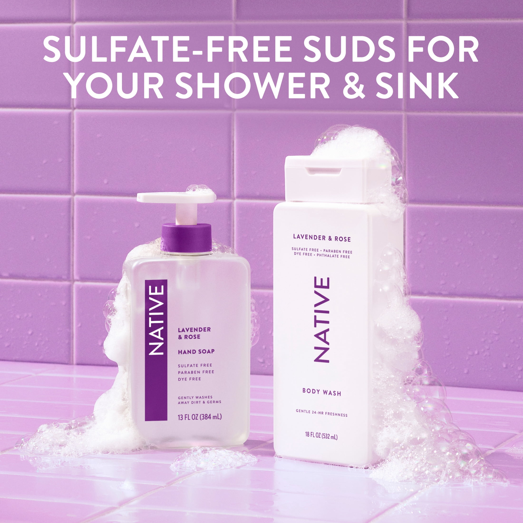 Native Liquid Hand Soap, Lavender & Rose, Non-drying, Naturally Derived Cleansers, Sulfate Free, 13 fl oz