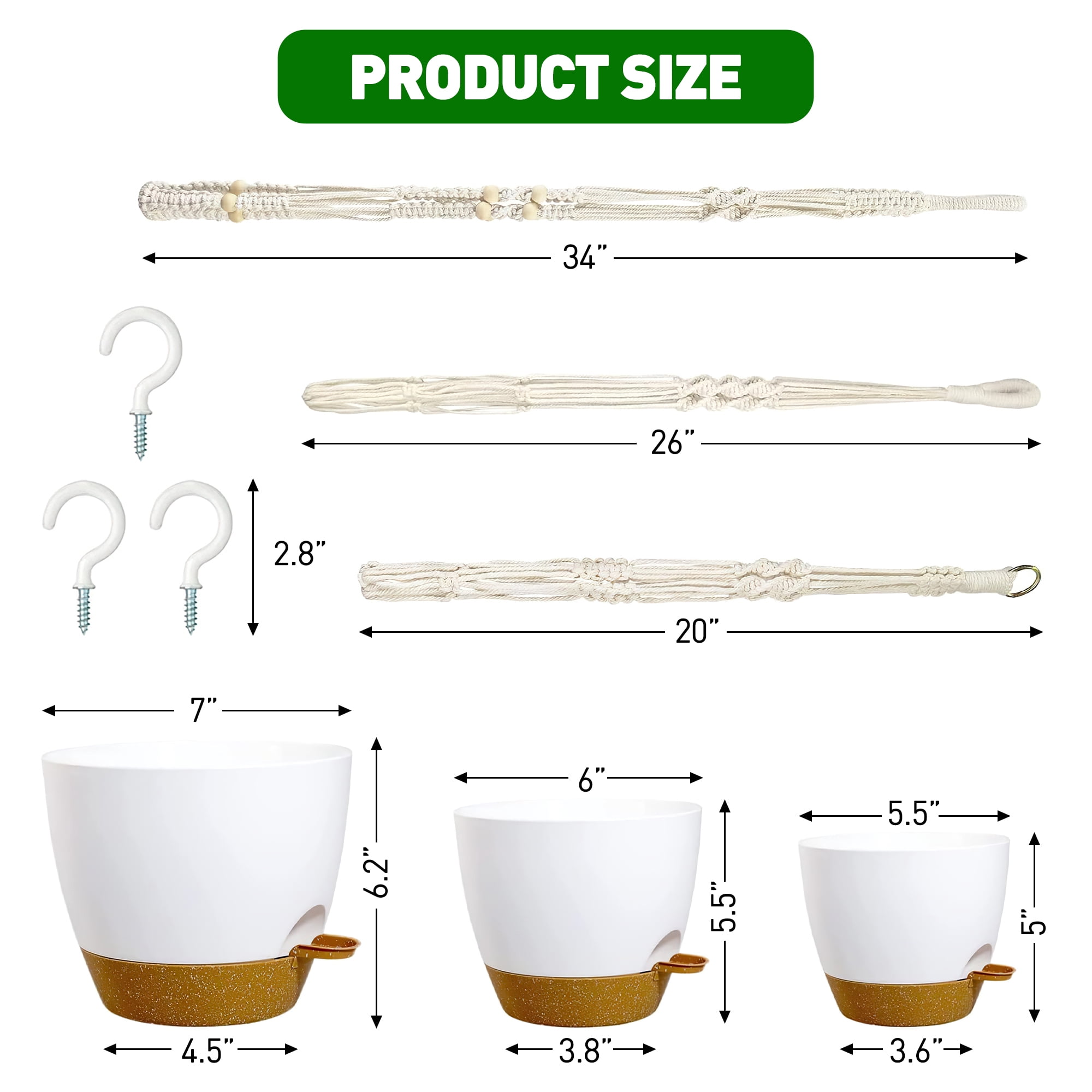 3-Pack Self Watering Hanging Plant Pots with Macrame Hangers, Plastic Planters with Drainage Holes and Saucers, Indoor Outdoor Flower Pots, Includes 3 Ceiling Hooks, 7"/6"/5.5" (White)