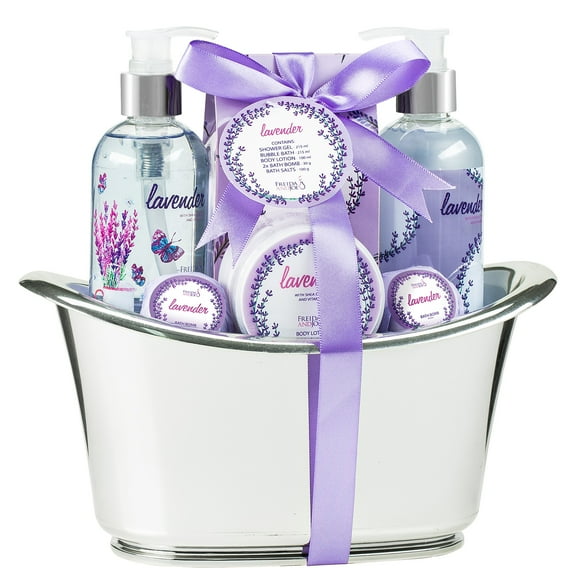 Aromatherapy Essentials Spa Set para mujeres en bañera grande plateada. Incluye 2 bombas de baño, loción corporal, sales de baño, gel de ducha y baño de burbujas (lavanda)