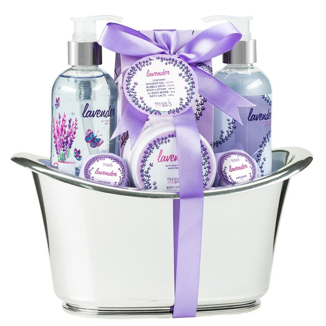 Aromatherapy Essentials Spa Set para mujeres en bañera grande plateada. Incluye 2 bombas de baño, loción corporal, sales de baño, gel de ducha y baño de burbujas (lavanda)