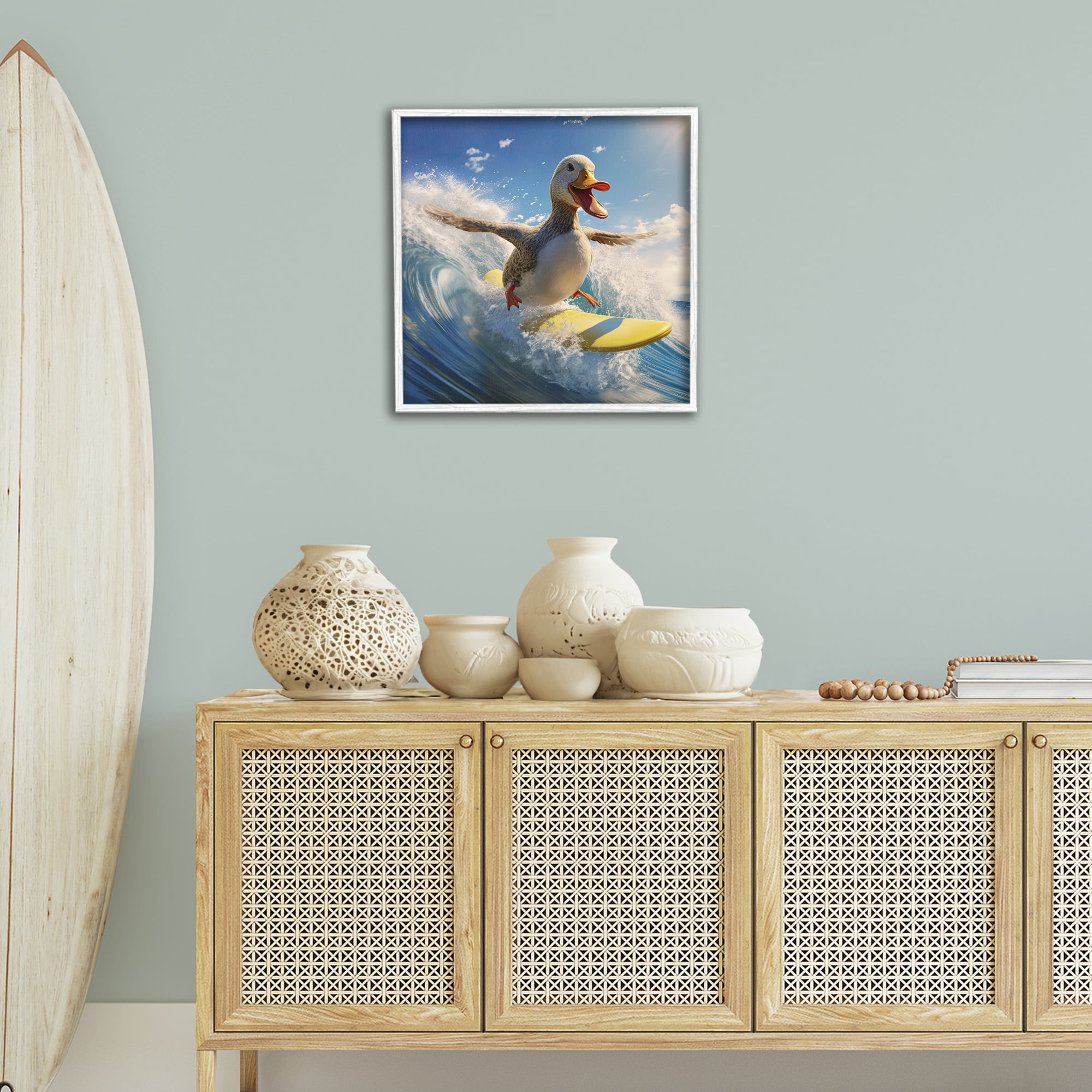 Stupell Industries Happy Surfing Duck Coastal Painting White Framed Art Print Wall Art, 24 x 24