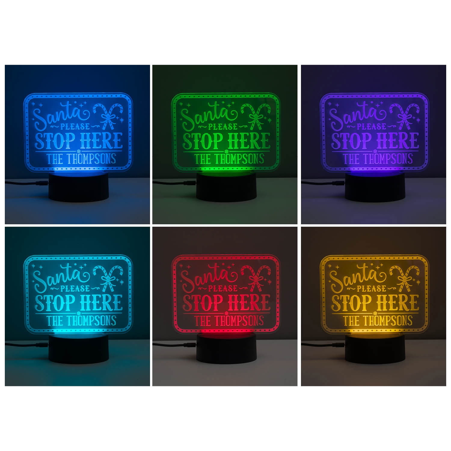 Personalized Planet Santa Stop Here Multicolor LED Christmas Night Light with Custom Name Laser Engraved on Acrylic Design Insert