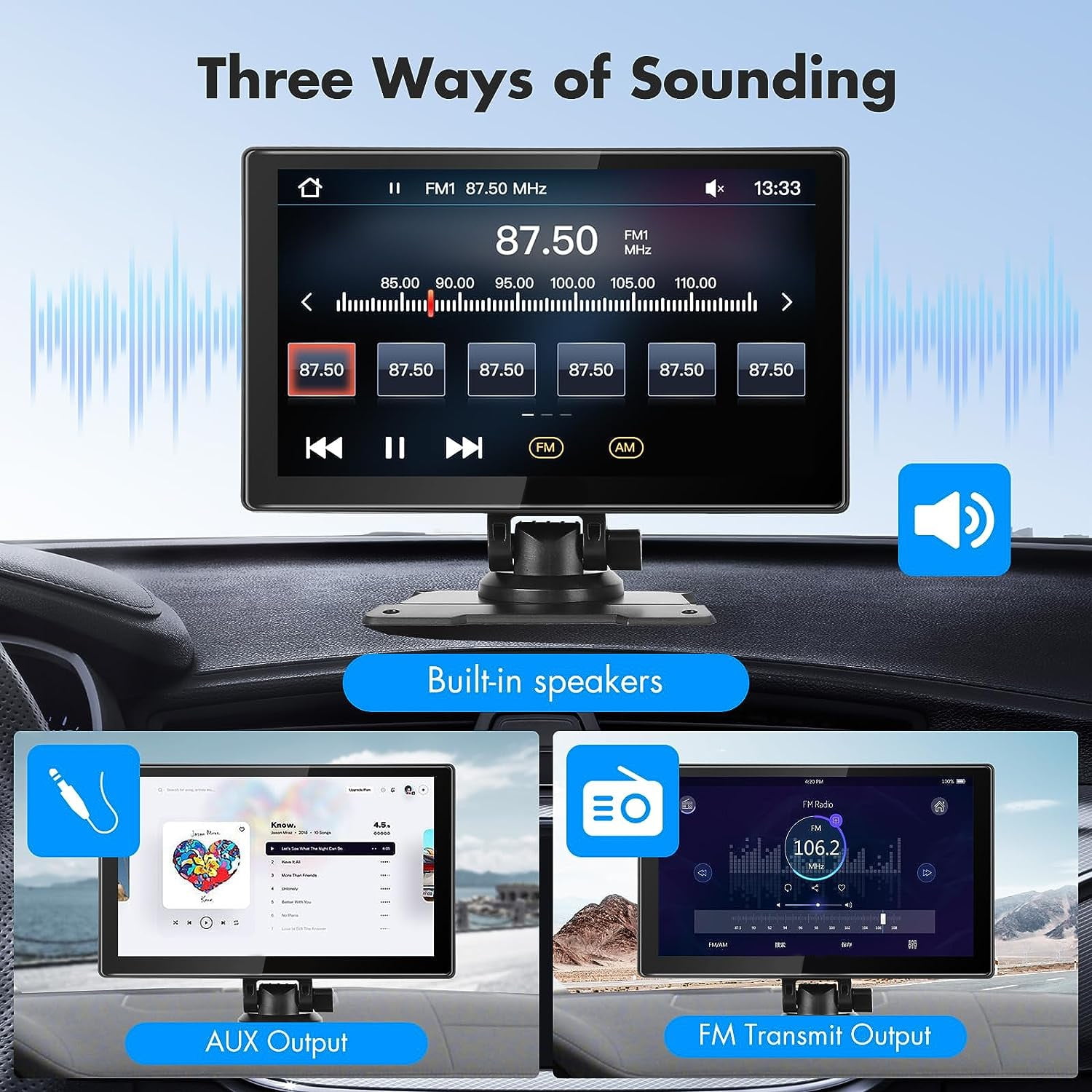 Portable Car Stereo, Wireless Apple CarPlay&Android Auto, 9” FHD Touchscreen Car Audio Receiver, Bluetooth, Rear Camera, Voice Control, AUX/USB/TF