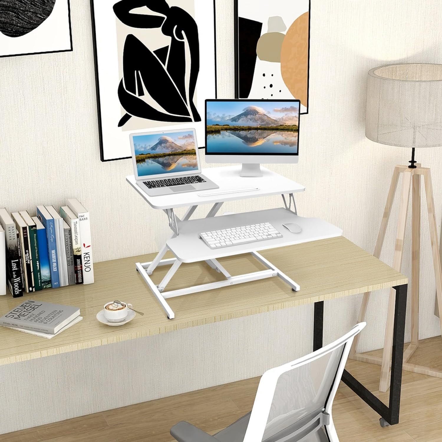 SUSUZI 37" Standing Desk Converter, 2 Tier Height Adjustable Sit Stand up Desk Riser, White