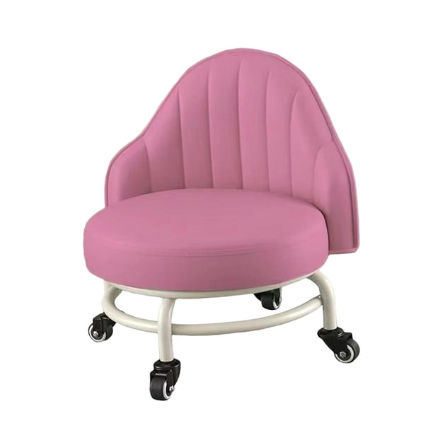 Taburete bajo con ruedas, asiento con ruedas, taburete corto giratorio de 360 °, taburete de polea de maquillaje, taburete de pedicura para garaje, Rosa