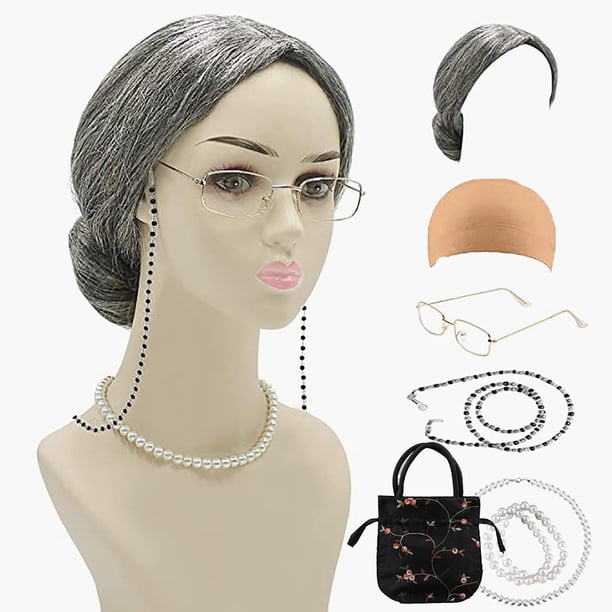 7 Pelucas Peluca Abuela COS Traje Cadena Anteojos Collar de Perlas Pulsera Anteojos Aretes Para el Día de los Inocentes 100 Días de Escuela COS Suite