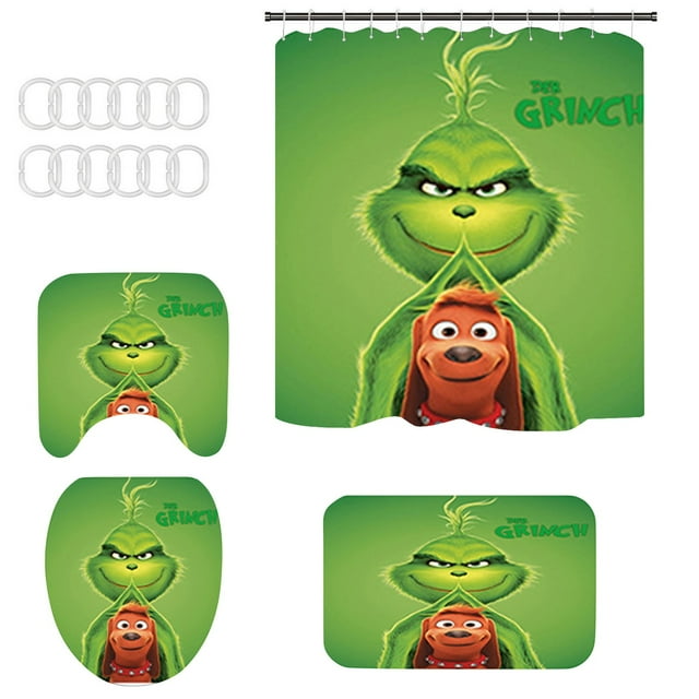 Mini Grinch Ornaments Grinch Ornaments Grinch Christmas Decorations Christmas Snowman Print Toilet Bathroom Mat And Shower Curtain Four-Piece Set