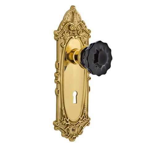 Nostalgic Warehouse 726886 Victorian Plate with Keyhole Passage Crystal Black Glass Door Knob in Unlaquered Brass, 2.75
