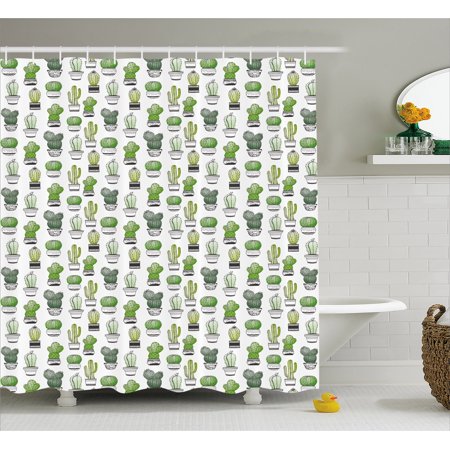 - Cactus Shower Curtain, Hand Drawn Foliage Pattern with Ornamental Pottery Design Sketch Style Art, Fabric Bathroom Set with Hooks, 69W X 70L Inches, Green Black White, by Ambesonne