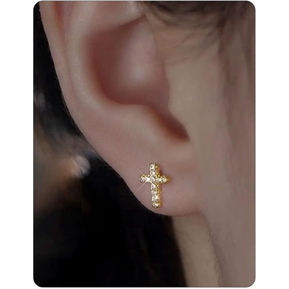 Vruelia 14K Gold Plated Hypoallergenic Small Cross Stud Earrings Pave CZ Tiny For Women
