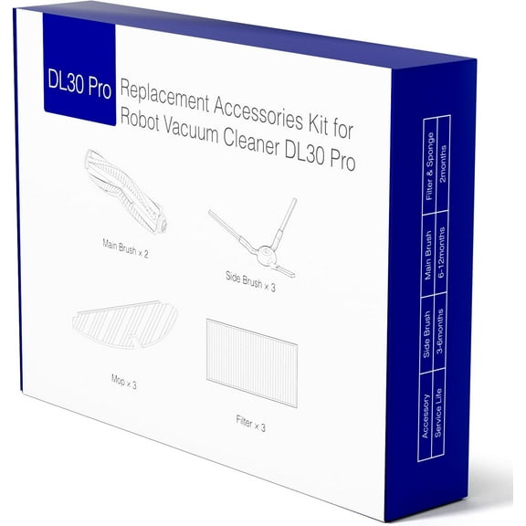 Robotic Vacuum Replacement Parts for DL30 Pro Series – Replenishment Kit with 2 Main Brushes, 3 Side Brushes, 3 Mops, and 3 Filters