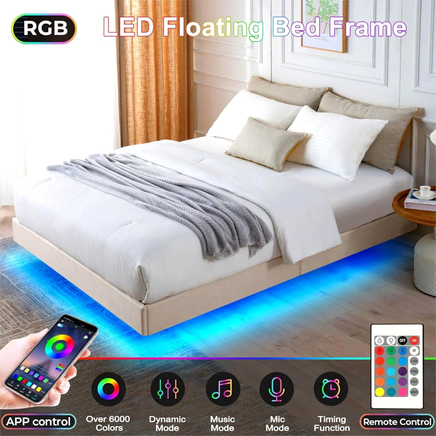 Reliancer Full Size Floating Bed Frame with LED Lights, Modern Upholstered Full Platform Bed Frame, No Headboard, No Box Spring Needed, Easy to Assemble