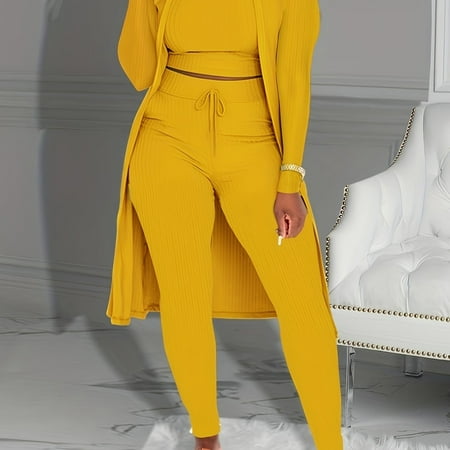 

ZHSHANTCHDQ Versatile Durable and Comfortable Three-Piece Knit Set - Chic and Stylish Open Front Cardigan Tank Top and Lace-Up Pants Perfect for All Seasons