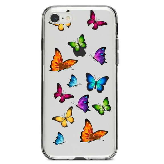 DistinctInk Clear Shockproof Hybrid Case for iPhone 7 8 SE (2020 Model) 4.7" Screen TPU Bumper Acrylic Back Tempered Glass Screen Protector - Rainbow Butterflies Butterfly