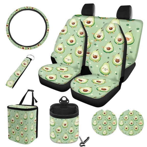 LedBack Avocado Print Car Seat Cover Cute Full Set for Women Girls, Universal Fit Car Front Rear Seat Covers Steering Wheel Cover Garbage Bag Air Vent Storage Bag, Easy to Install