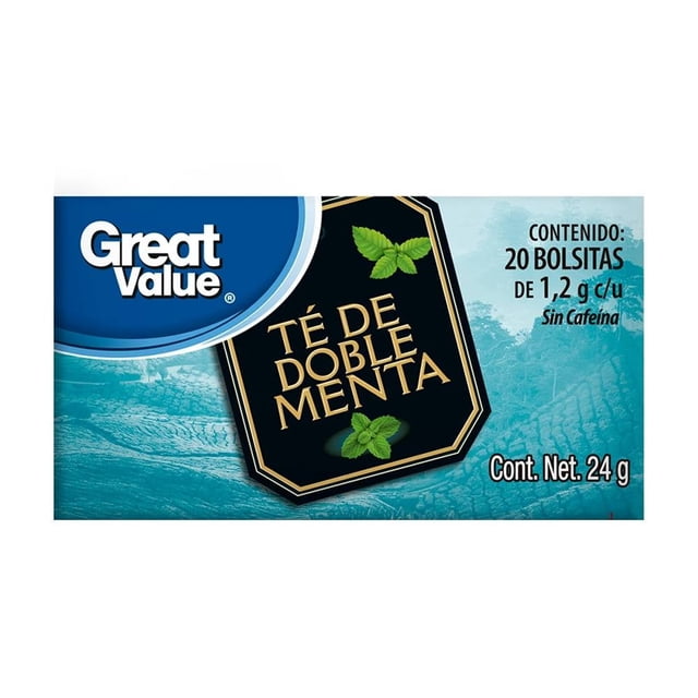 té great value doble menta caja frontal, empaque rectangular azul y turquesa; vista centrada con logotipo Great Value arriba a la izquierda, texto central "Té de doble menta" sobre panel oscuro con hojas de menta, indicador a la derecha "Contenido: 20 bolsitas de 1.2 g c/u" y nota "Sin cafeína", fondo texturizado; ideal como infusión refrescante.