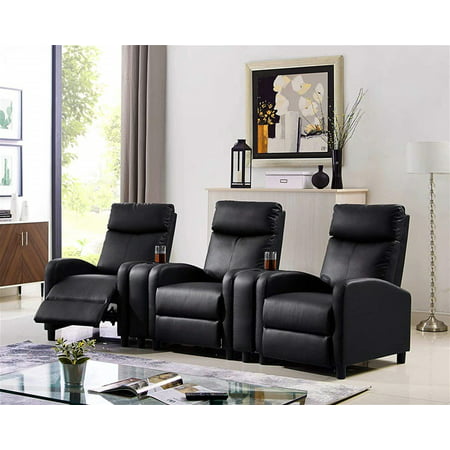 3 Seat Push Back Recliner Chair with 2 Console, Black Sectional Home Theater Seating Padded