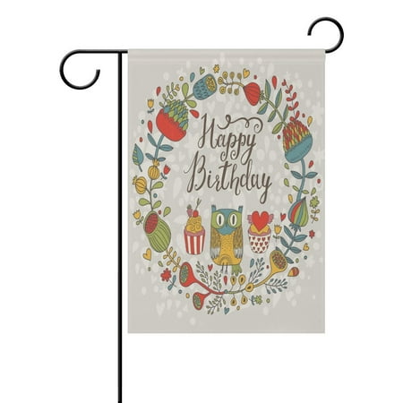POPCreation Owls Happy Birthday Polyester Garden Flag Outdoor Flag Home Party Garden Decor 12x18 inches