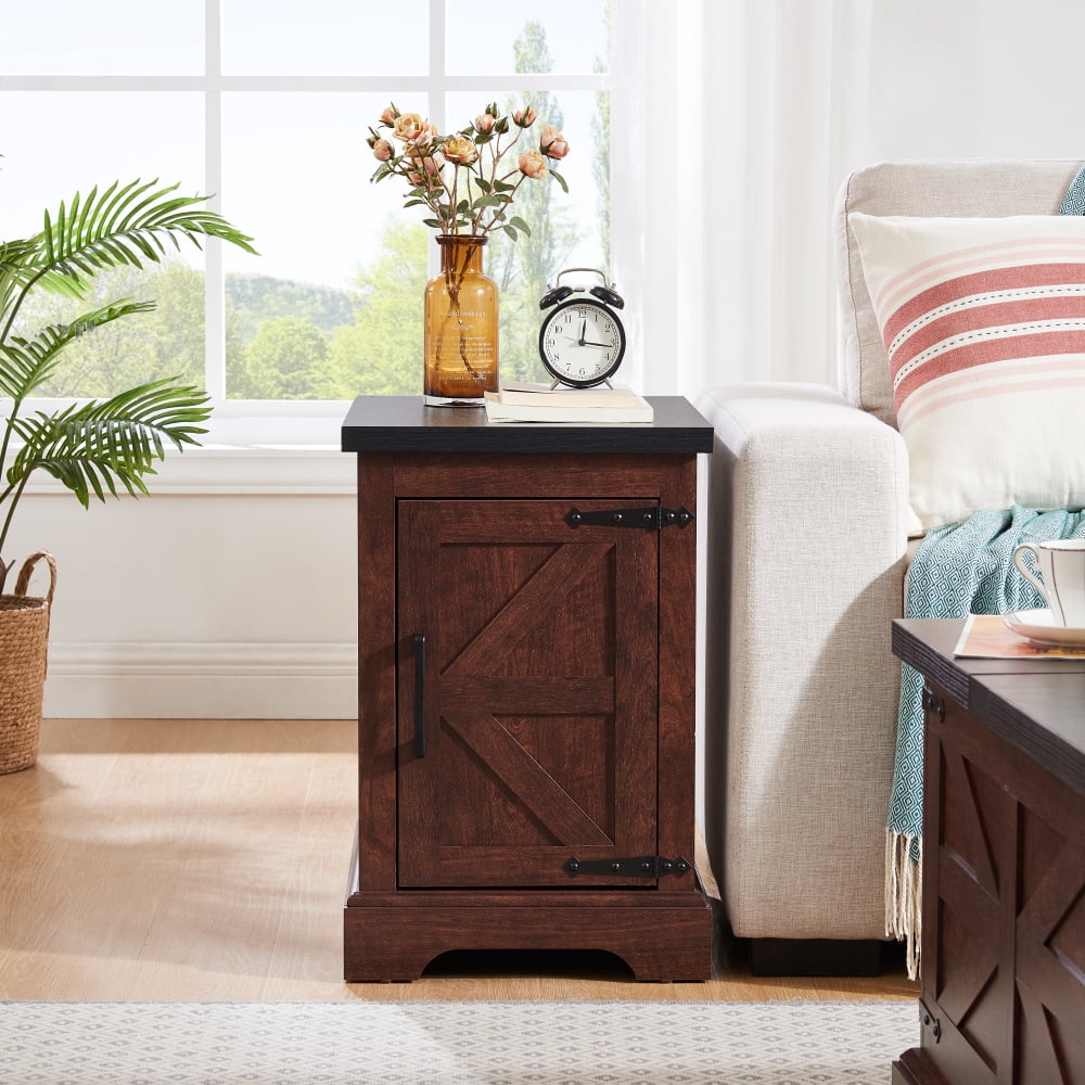 Tcbosik 21.6" Side Table with Barn Door, Rustic End Table with Adjustable Shelf, Small Nightstand for Bedroom, Living Room, Easy Assembly, Oak