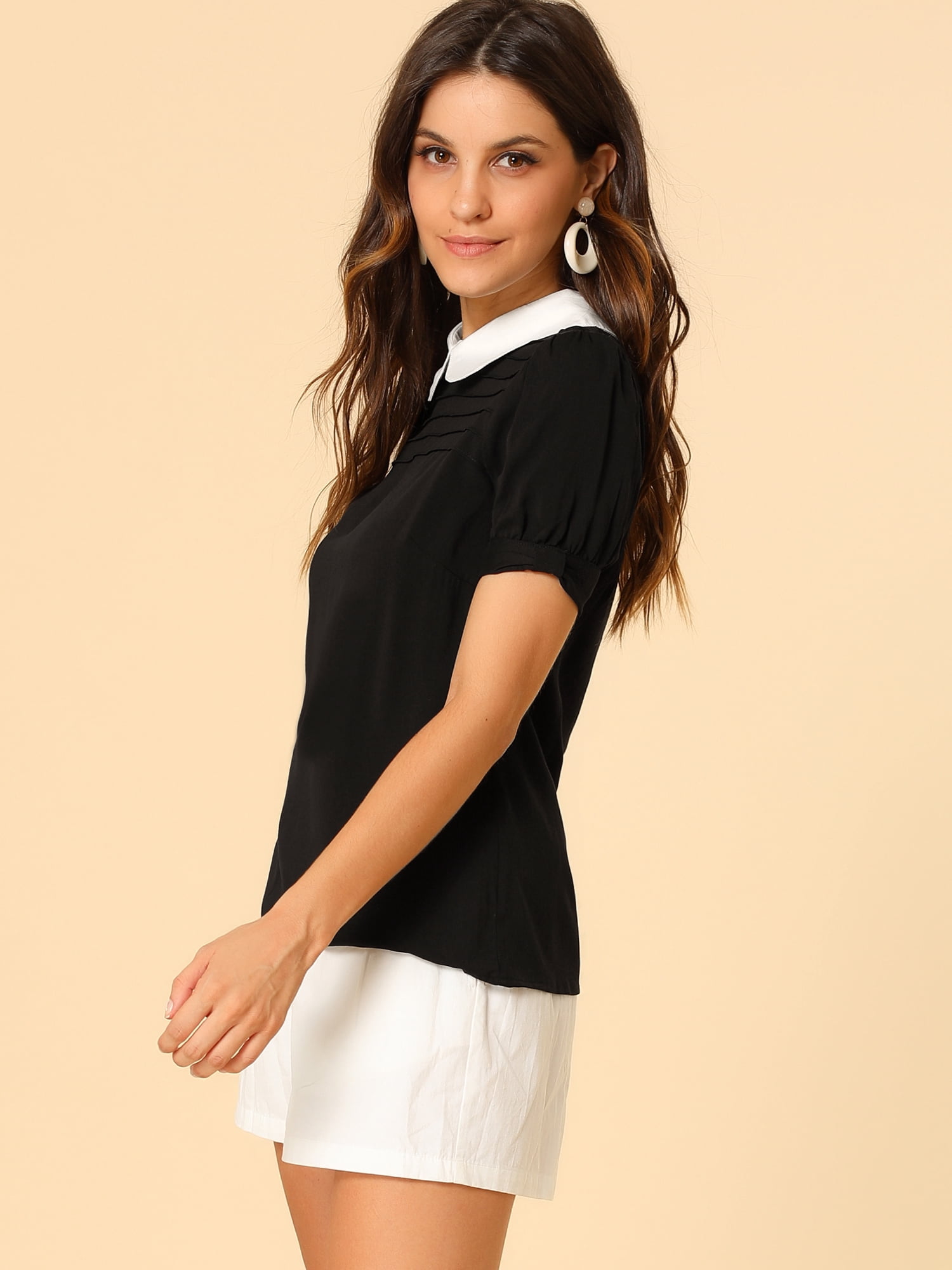 DARING DIVA Peter Pan Collar Contrast Puff Blouse Top S Black