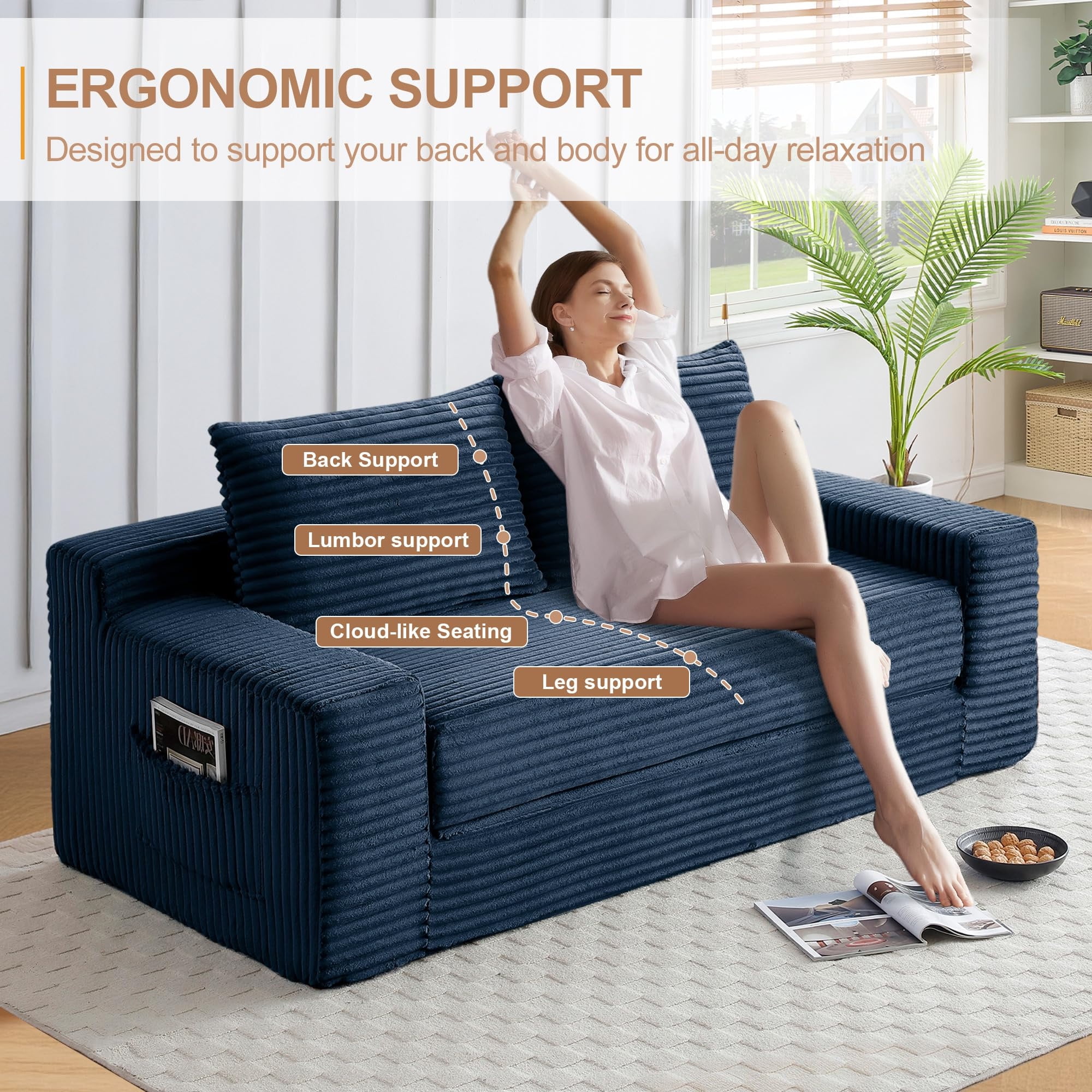Aukfa 73" Chaise Futon Convertible Sofa Bed Boneless Couch, 2 Pillows&Side Pockets, Queen Size, Corduroy, Blue