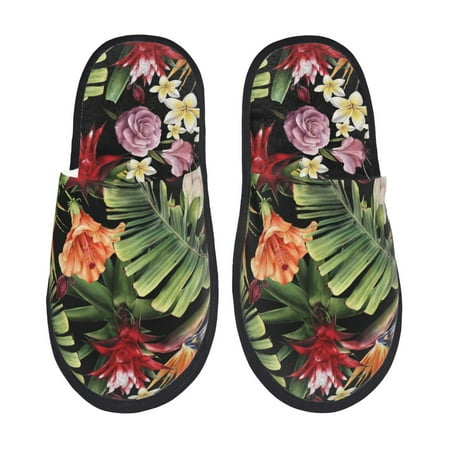 Balery Watercolor Tropical Flowers Slient Indoor Furry Fleece Comfort House Shoes Soft Non-Slip Home Shoes Cotton slippers House Slippers-- Large