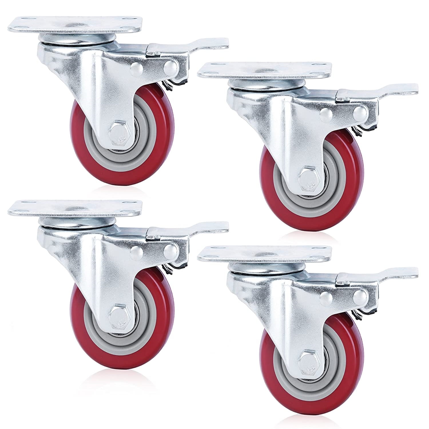 3'' Red Polyurethane Lockable Swivel Caster Wheels Set of 4