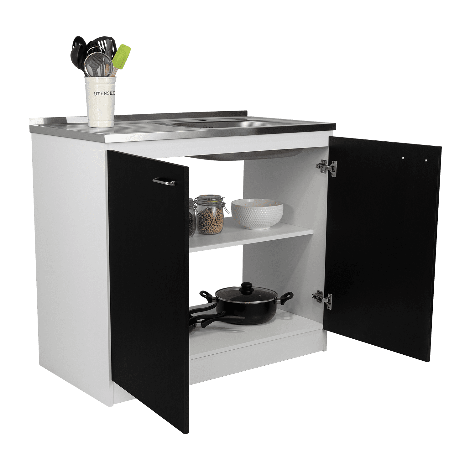 Utility Sink with Cabinet, Double Door Storage & Shelf, White/Black Kitchen Sink Base, 39.3"W X 20.5"D X 35.4"H, Easy Assembly (Faucet Not Included)