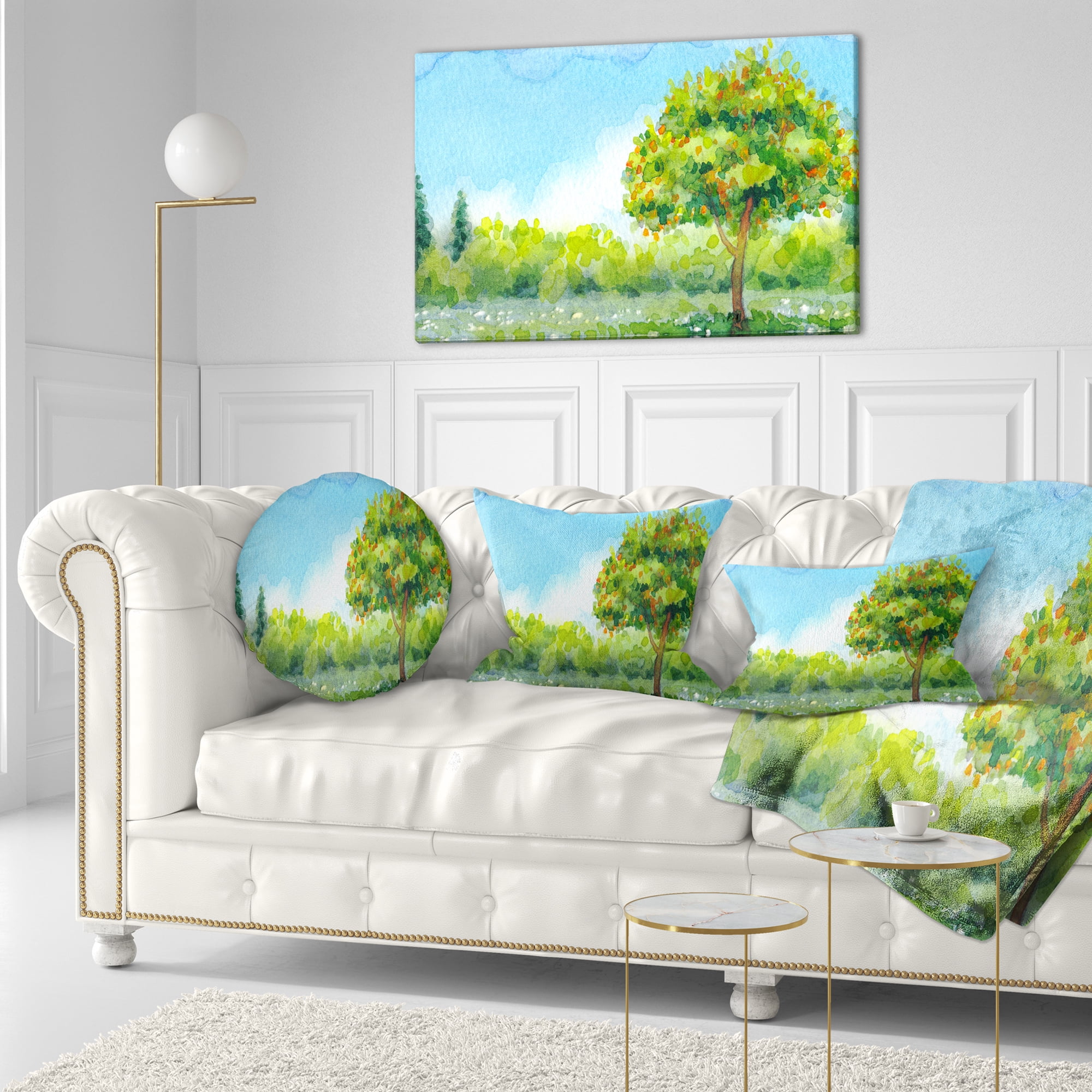 Designart Tree in Spring - Watercolor Painting Landscape Printed Throw Pillow - 12x20