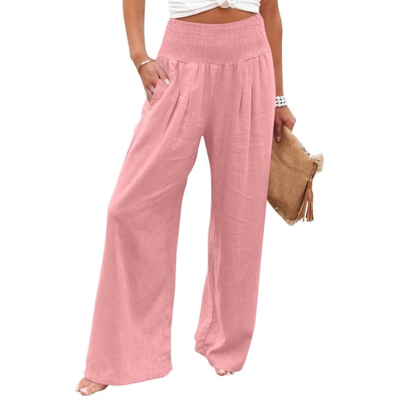 Dwellite Women Linen Palazzo Pants Summer Boho Wide Leg High Waist Casual Lounge Pant 2026 Beach Travel Vacation Trousers Pink S
